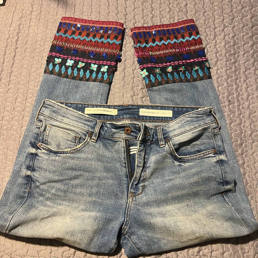 Pilcro Light Blue Denim Jeans with Multicolor Embroidered Cuffs